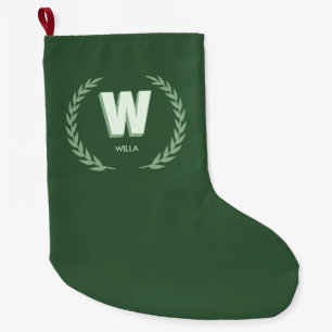 Green Laurel Wreath Letter W Monogram Large Christmas Stocking