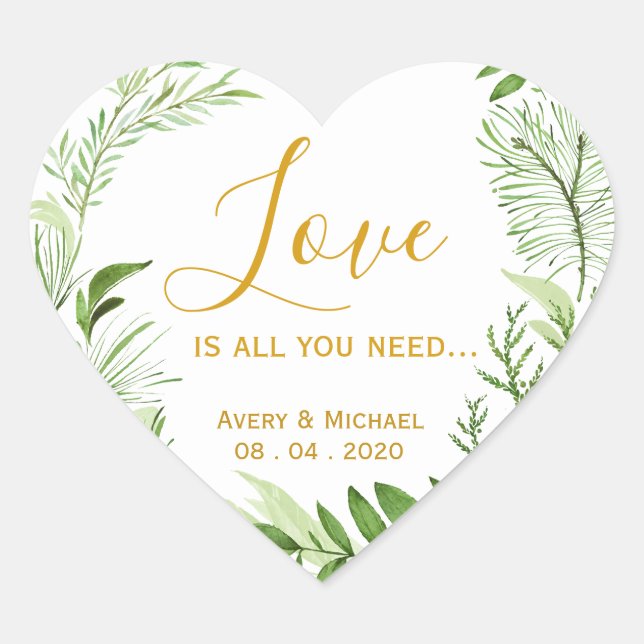 Green Laurel Wreath Love Is All You Need Wedding Heart Sticker (Front)