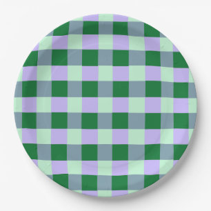 Green & Lavender Gingham Stripes Karo Pattern Paper Plates