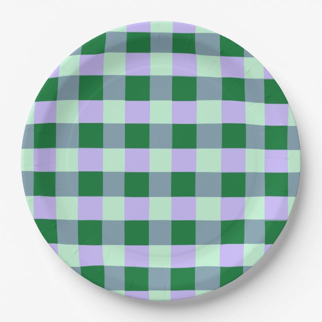 Green & Lavender Gingham Stripes Karo Pattern Paper Plates (Front)