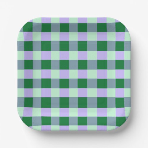 Green  Lavender Gingham Stripes Karo Pattern Paper Plates