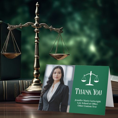 Green Law School Graduation Photo Custom Lawyer Thank You Card