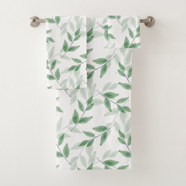 Green Layered Watercolor Leaves Pattern Bath Towel Set (Insitu)