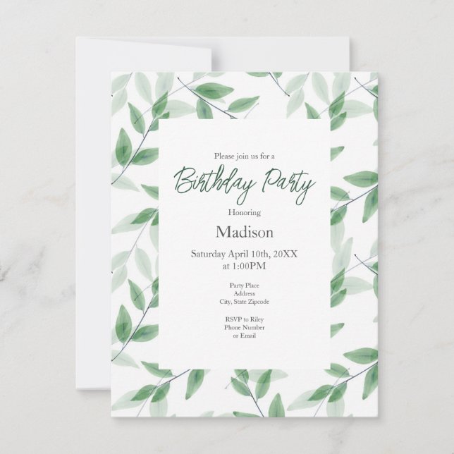 Green Layered Watercolor Leaves Pattern Invitation (Front)