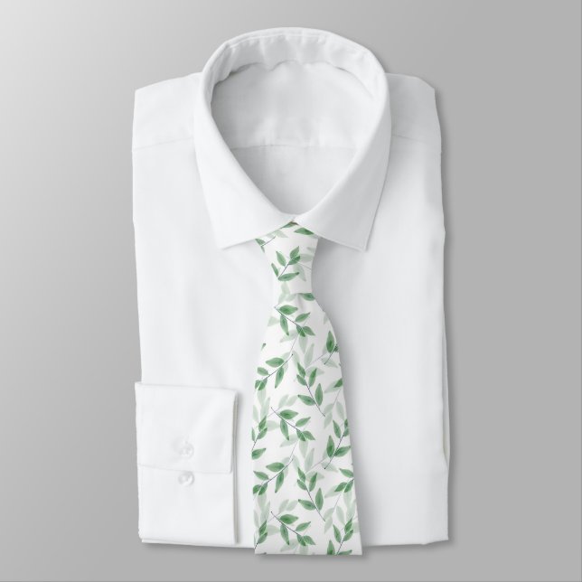 Green Layered Watercolor Leaves Pattern Neck Tie (Tied)