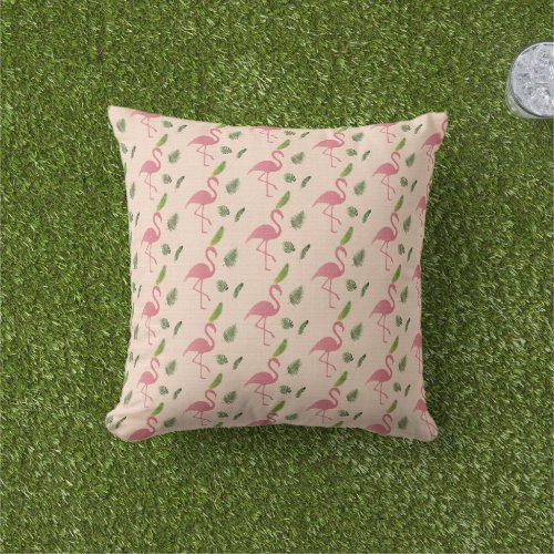 Green Leaf and Pink Flamingo Pattern Outdoor Pillow
