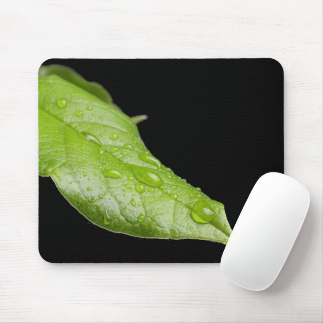Green Leaf and Raindrops Mousepad (With Mouse)