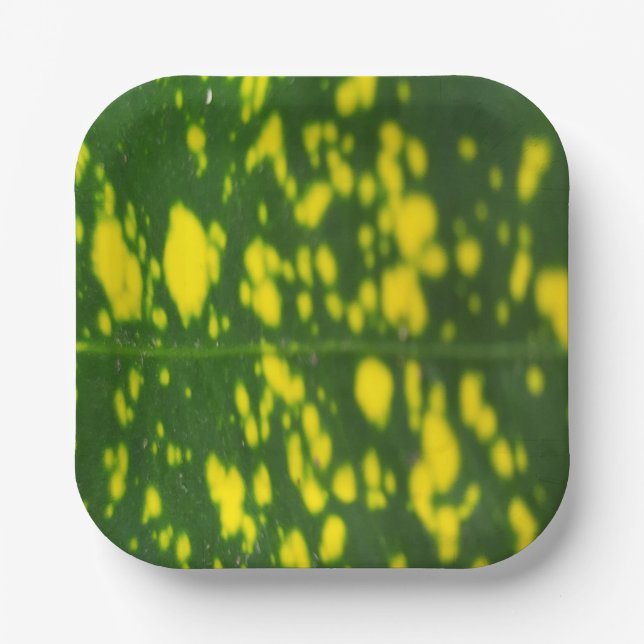 Green Leaf and Yellow Dot Design 7" Square Paper Plates (Front)
