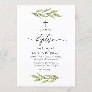 Green Leaf Baby Boy or Girl Baptism Invitation