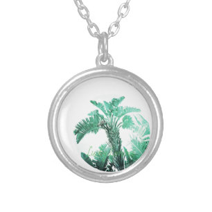 Green leaf banana plant silver plated necklace