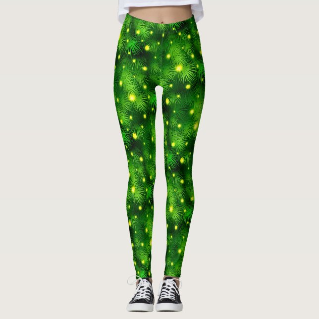 Green Leaf Botanical Foliage Christmas Tree Fun Leggings (Front)