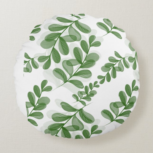 Green Leaf Branch Pattern Art Round Pillow (Front)