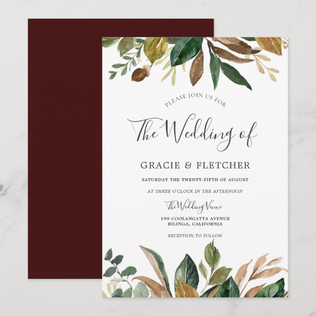 Green Leaf Burgundy Autumn Fall Leaves Wedding Invitation (Front/Back)