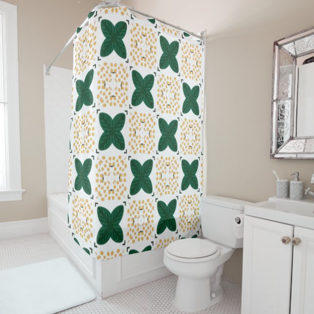 Green leaf checkered pattern yellow flower shower curtain (In Situ)