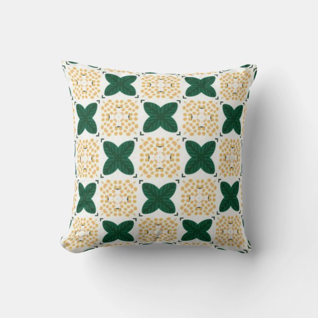 Green leaf checkered pattern yellow flower throw pillow (Front)
