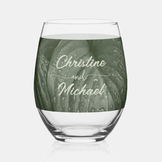 Green leaf elegant greenery spring wedding stemless wine glass (Left)