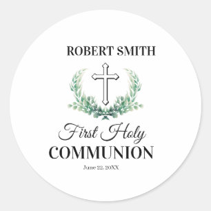 Green leaf first communion classic round sticker