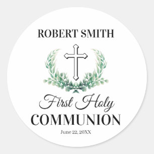 Green leaf first communion classic round sticker