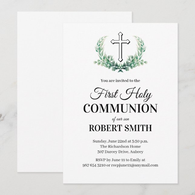 Green leaf first communion  invitation (Front/Back)
