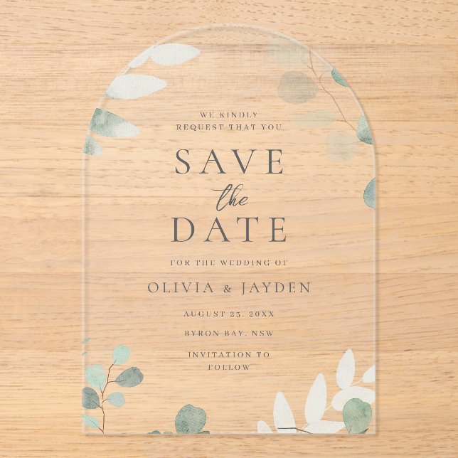 Green Leaf Floral Wedding Acrylic Save The Date Acrylic Invitations (Front)