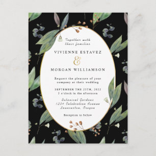 Green leaf foliage black gold wedding invitation postcard