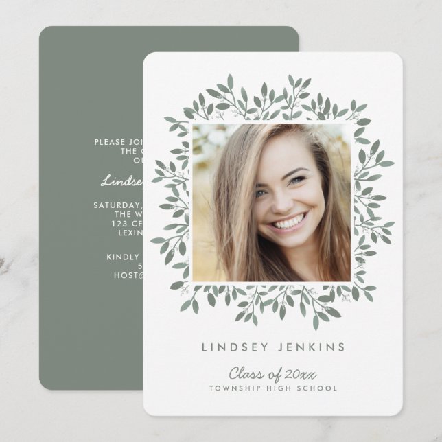Green Leaf Grad Photo Graduation Party Invitation (Front/Back)