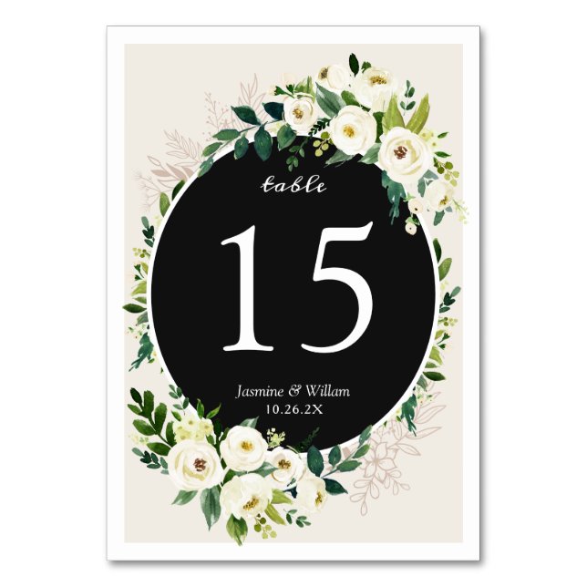 Green Leaf Ivory White Rose Flowers Wedding Table Number (Front)