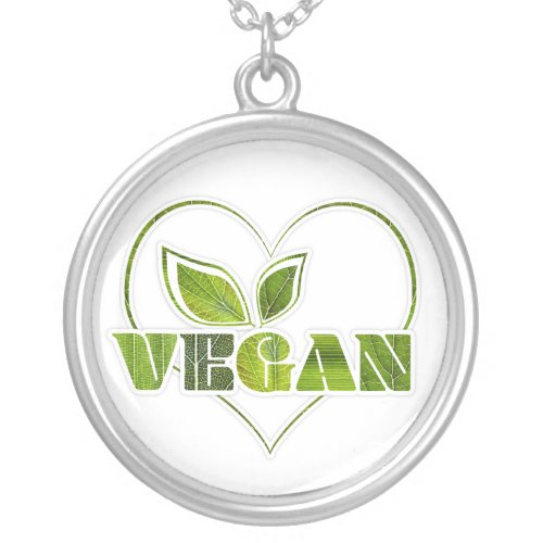 Green Leaf Lines and Heart Vegan Design Silver Plated Necklace