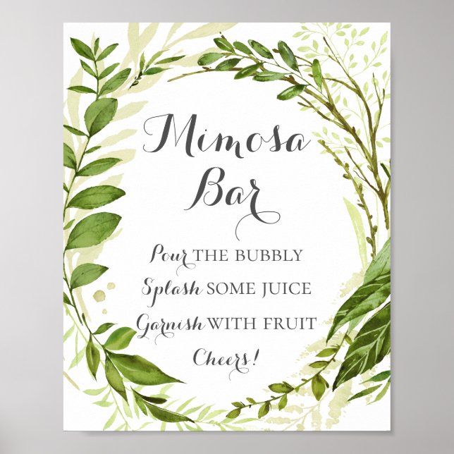 Green Leaf Mimosa Bar Sign, Rustic Greenery Poster (Front)