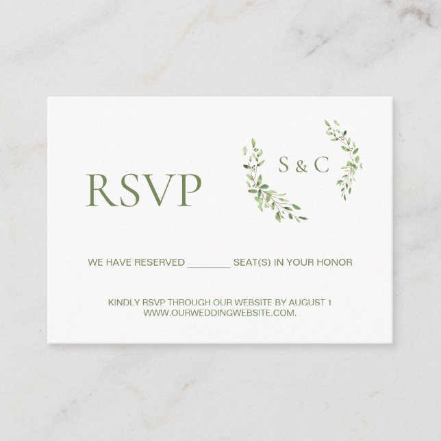 Green leaf Monogram Crest wedding website RSVP Enclosure Card (Front)