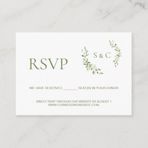 Green leaf Monogram Crest wedding website RSVP Enclosure Card