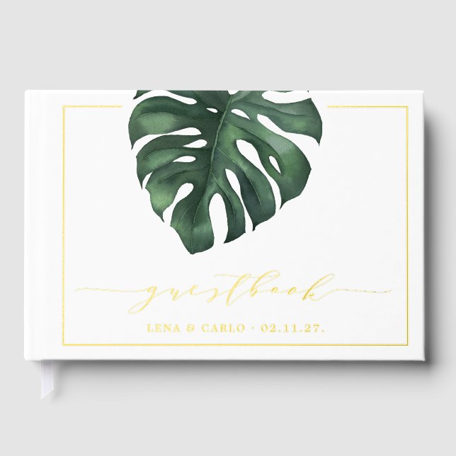 Green Leaf Monstera Wedding Guest Book (Front)