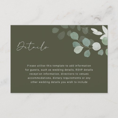 Green Leaf Olive Wedding Reception Details Enclosure Card