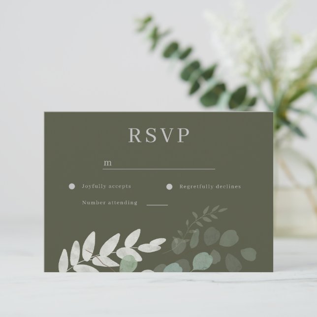 Green Leaf Olive Wedding RSVP Card (Standing Front)