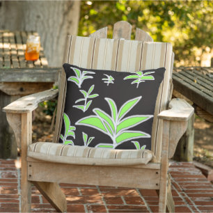 Green Leaf On Black  Outdoor Pillow