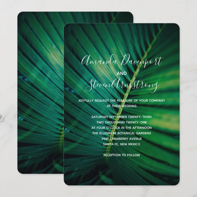Green Leaf Palm Frond CLoesup Photo Wedding Invitation (Front/Back)