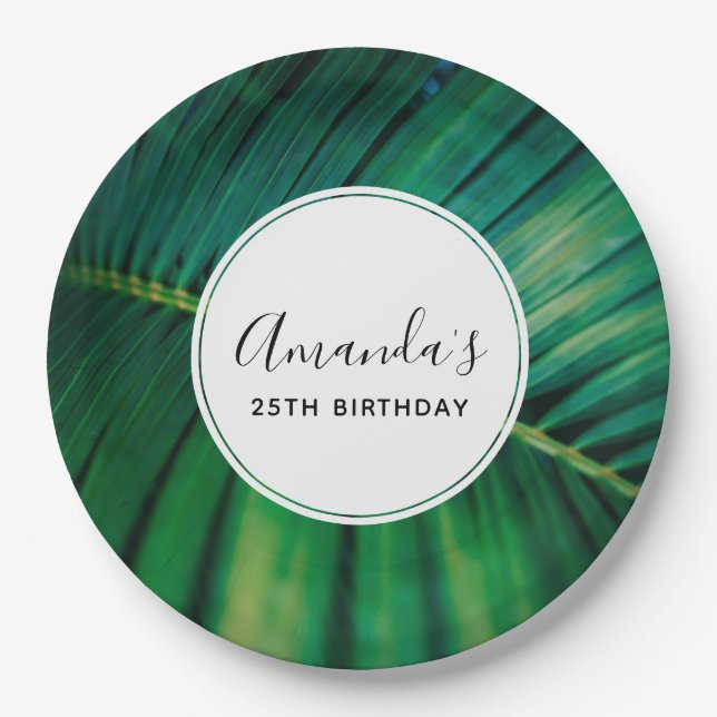 Green Leaf Palm Frond Tropical Nature Birthday Paper Plates (Front)
