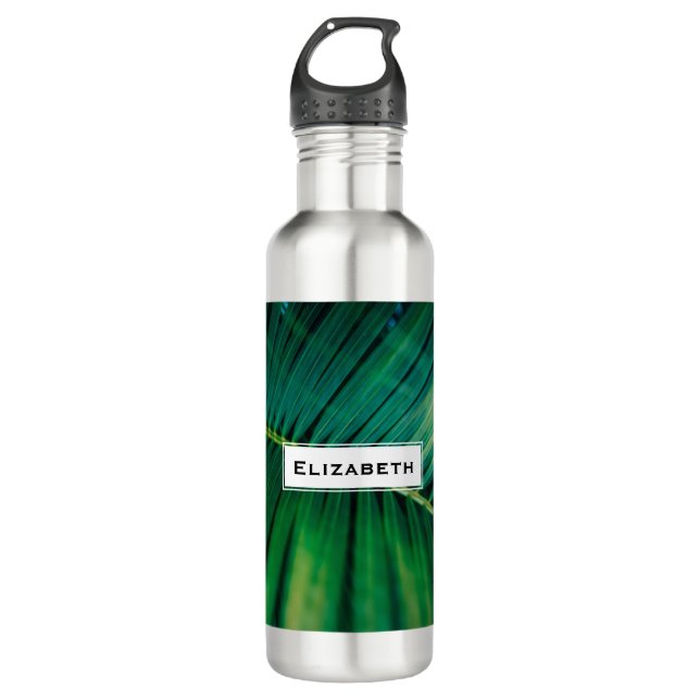 Green Leaf Palm Frond Tropical Nature Photo Stainless Steel Water Bottle (Front)