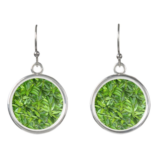 Green Leaf Pattern – Botanical Nature Art Earrings (Front)
