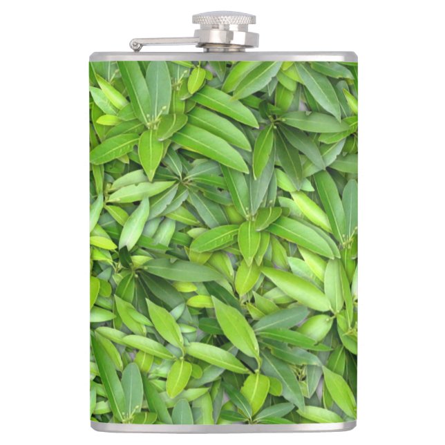 Green Leaf Pattern – Botanical Nature Art Flask (Front)