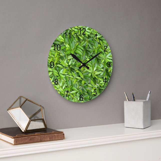 Green Leaf Pattern – Botanical Nature Art Large Clock (Office)