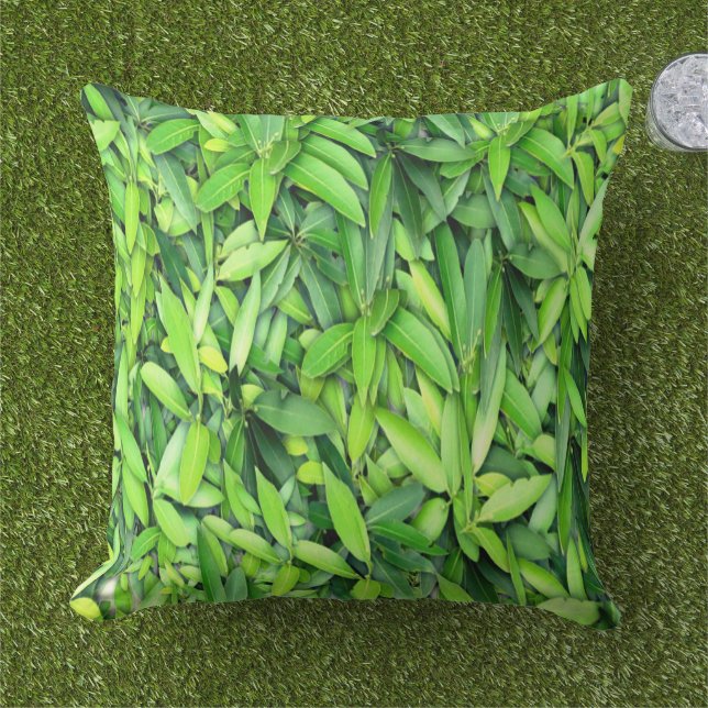 Green Leaf Pattern – Botanical Nature Art Outdoor Pillow (Grass)