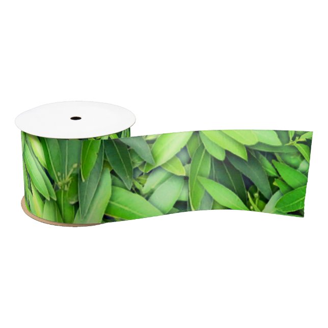 Green Leaf Pattern – Botanical Nature Art Satin Ribbon (Spool)