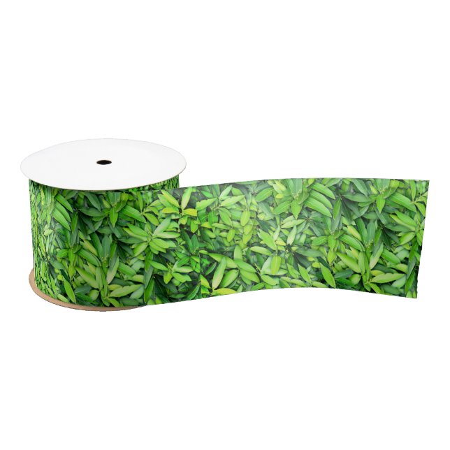 Green Leaf Pattern – Botanical Nature Art Satin Ribbon (Spool)