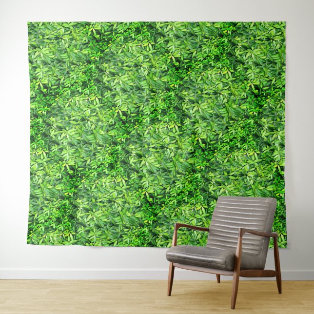 Green Leaf Pattern – Botanical Nature Art Tapestry (In Situ (Horizontal))