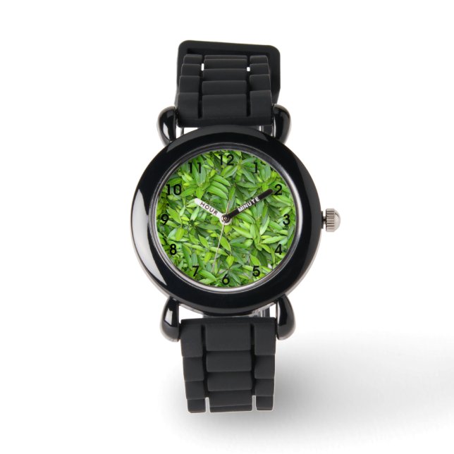 Green Leaf Pattern – Botanical Nature Art Watch (Front)