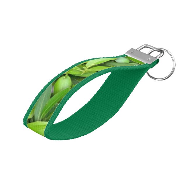 Green Leaf Pattern – Botanical Nature Art Wrist Keychain (Angled Up)