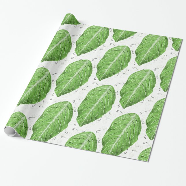 Green Leaf Pattern Botanical Wrapping Paper (Unrolled)
