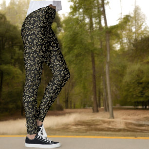 Green Leaf Pattern On Black Leggings