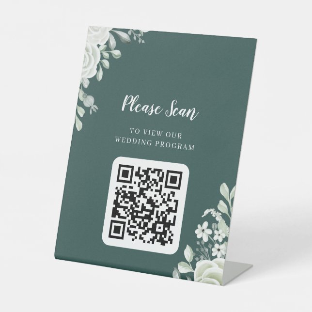 Green Leaf QR Code Wedding Program Pedestal Sign (Front)